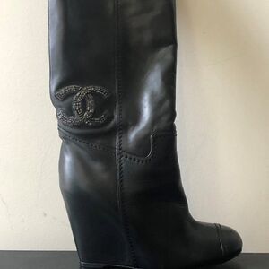 CHANEL Black Leather CC Logo Wedge Boots